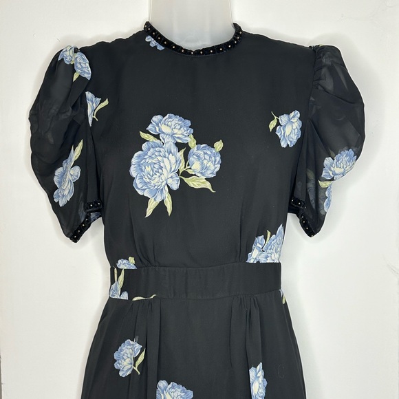 Topshop studded puff sleeve black dress with blue flowers - Picture 5 of 6